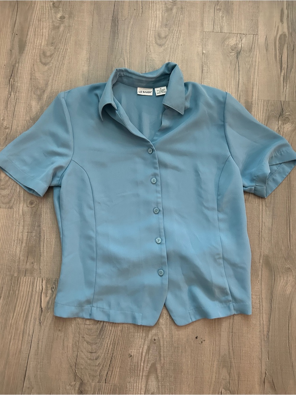 Vintage Liz Baker Blue Short Sleeve Button Down Blouse Size 10